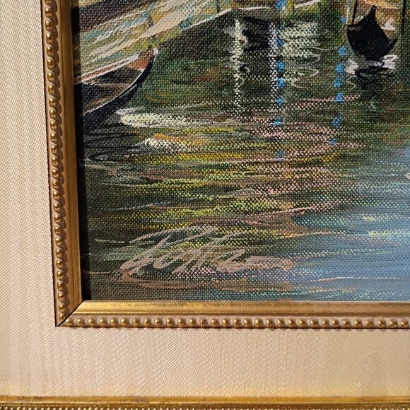 Oil Painting On Canvas Venetian Canal Scene Signed Venice Gondolas Framed Vtg - Picture 4 of 14